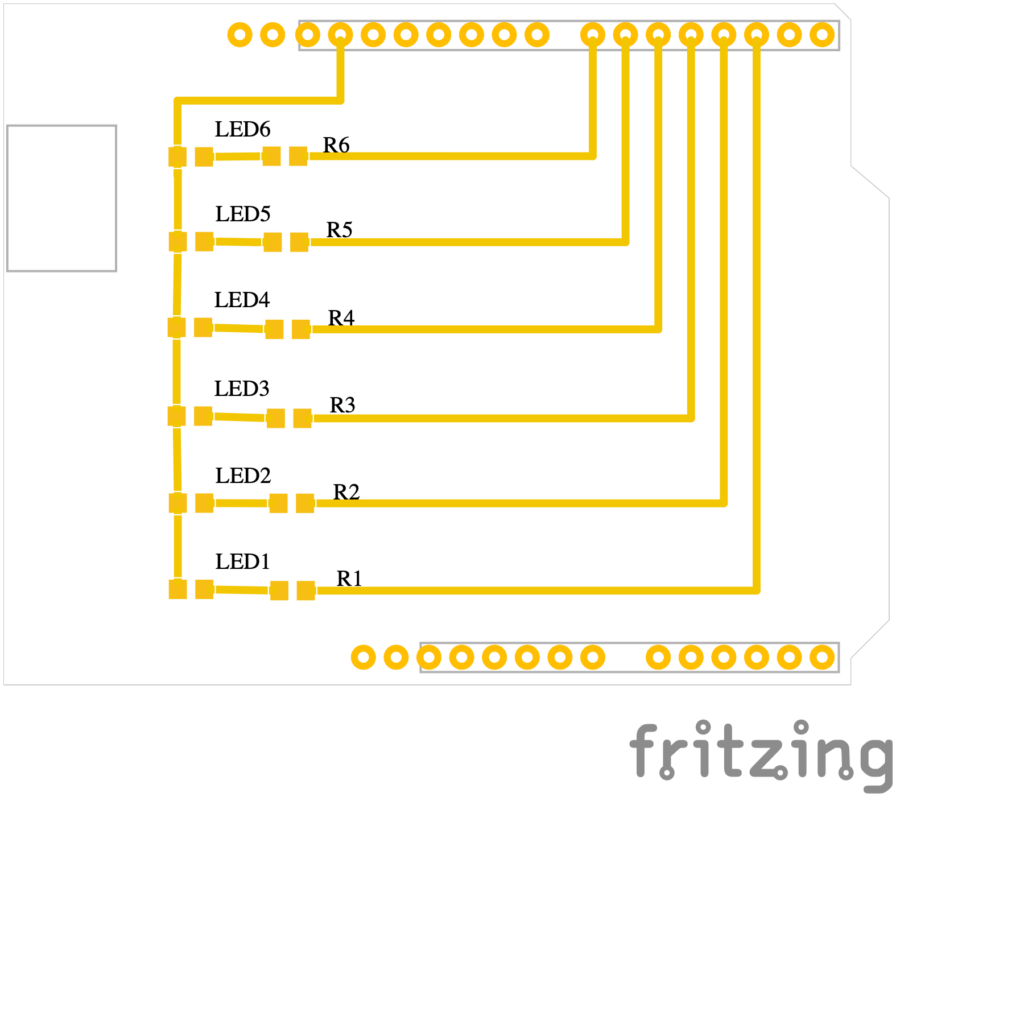 Mit Fritzing eine Platine erstellen 1 Geroutete Leiterplatte mit sechs LEDs und Widerständen in Fritzing