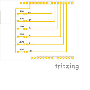 Geroutete Leiterplatte mit sechs LEDs und Widerständen in Fritzing